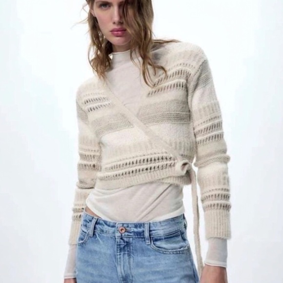 Zara Sweaters - Zara Beige & Cream Striped Cropped Wrap Cardigan - Size S